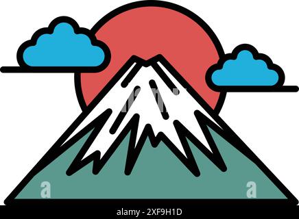 A mountain with a sun in the background. The mountain is very tall and the sun is setting Stock Vector