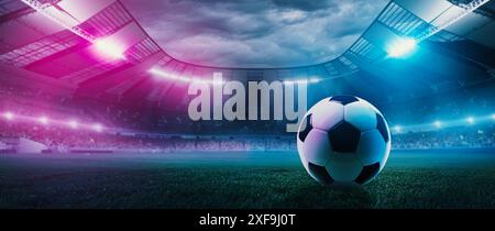 3D render. Soccer ball lying on green field in front of large empty open air stadium with neon floodlights. Full tribune of fans Stock Photo