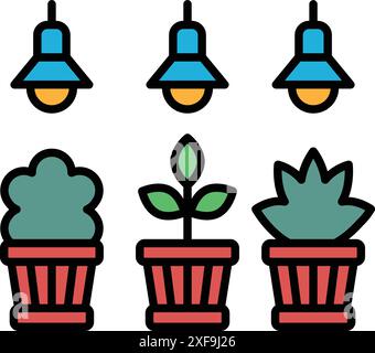 A set of potted plants with different sizes and shapes, all of which are black and white Stock Vector