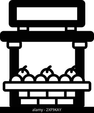 A black and white drawing of a fruit stand with a sign that says 'pears'. A variety of pears, including some that are ripe and some that are not Stock Vector