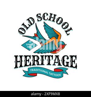 Old school tattoo salon emblem template. Traditional tattoo style design with typography and swallow bird. Vector grphic. Stock Vector