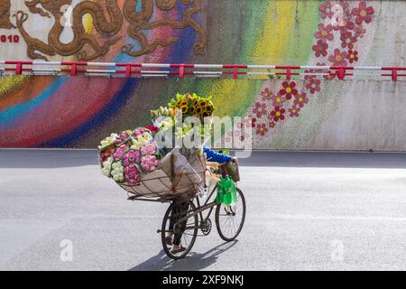 Flower seller flower vendor pushing bike bicycle crossing busy road to sell flowers by mosaic wall in Hanoi, Ha Noi, North Vietnam, Asia in June Stock Photo