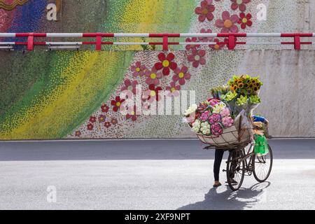 Flower seller flower vendor pushing bike bicycle crossing busy road to sell flowers by mosaic wall in Hanoi, Ha Noi, North Vietnam, Asia in June Stock Photo