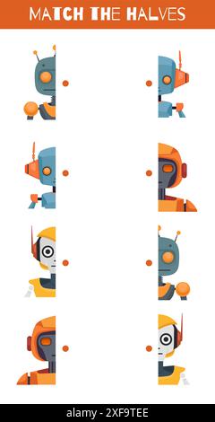 Vector vertical template of childish educational game. Connect the halves of cyborg toys. Find the correct half of the illustration of robots. Stock Vector