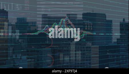 Animaton of statistical and stock market data processing against aerial view of cityscape Stock Photo