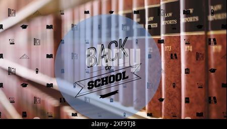 Image of education icons over rows of books on shelf in library Stock Photo