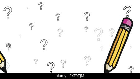 Image of pencil icon and question marks over white background Stock Photo