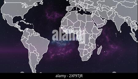 Image of glowing purple light over world map Stock Photo