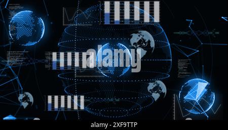 Image of data processing and plexus networks over spinning globes against black background Stock Photo