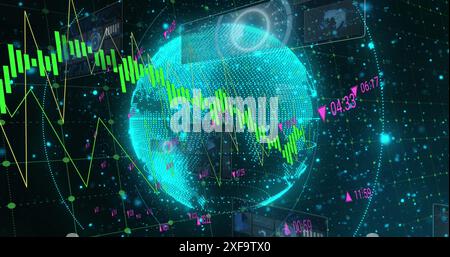 Image of round scanners and data processing over spinning globe and blue glowing spots Stock Photo