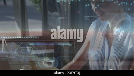 Image of round scanners and data processing over caucasian woman using laptop at cafe Stock Photo