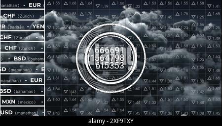 Image of changing numbers in circles with currency names over trading board against dense clouds Stock Photo