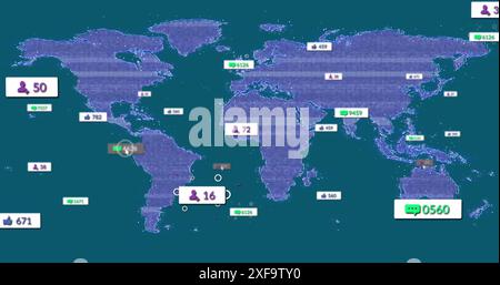 Image of changing numbers and icons in message boxes over map against blue background Stock Photo