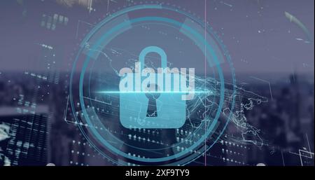 Image of security padlock icon and interface with data processing against cityscape Stock Photo