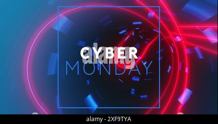 Image of cyber monday text banner against neon tunnel in seamless pattern on blue background Stock Photo