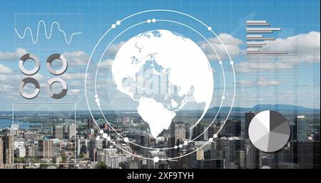 Image of globe in circles, graph, loading circles and bars, modern cityscape against cloudy sky Stock Photo