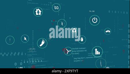 Image of multiple digital icons, symbols and data processing against blue background Stock Photo
