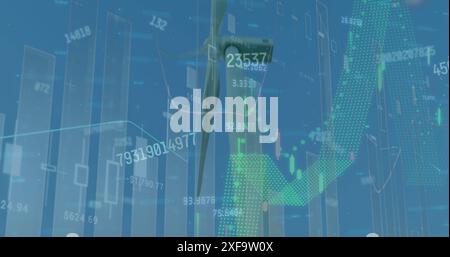 Image of graphs and changing numbers over windmills against clear sky Stock Photo