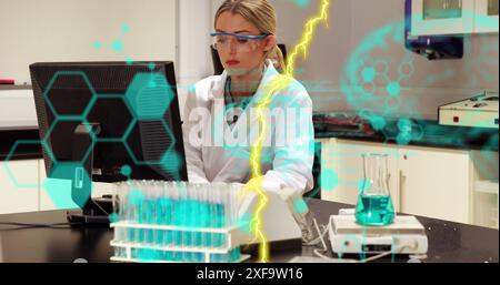 Image of codes, lightning, brain, molecule structure over caucasian scientist using computer Stock Photo