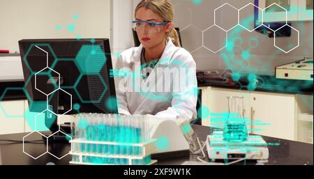 Image of codes, brain, molecule structure over caucasian female scientist using computer Stock Photo