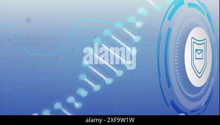 Image of dna helix, envelope in shield and loading circles over lines against blue background Stock Photo