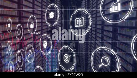 Image of multiple digital icons and statistical data processing against computer server room Stock Photo