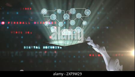 Image of network of connections with cloud over robot's arm Stock Photo
