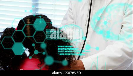 Image of codes, brain, molecule structure over caucasian doctor examining girl in hospital Stock Photo