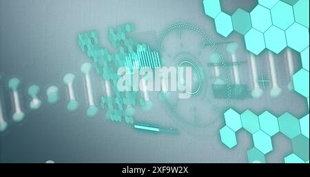 Image of dna helix, loading circles, bar, graph and hexagon pattern over abstract background Stock Photo