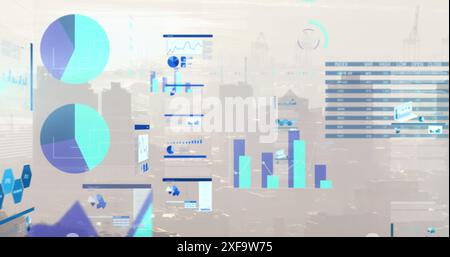 Image of multiple graphs and trading board over modern cityscape against sky Stock Photo