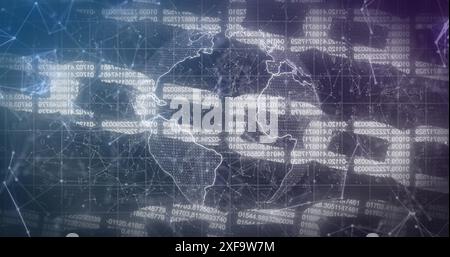 Image of changing numbers forming blockchains over globe and connected dots Stock Photo