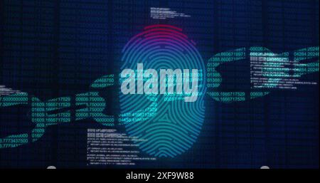 Image of numbers forming blockchain over fingerprint and computer language on black background Stock Photo