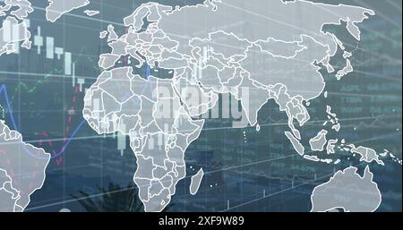 Image of map and multiple graphs with trading board over modern city Stock Photo
