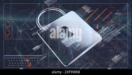 Image of padlock, computer language, loading circles and bars, navigation pattern over globe Stock Photo