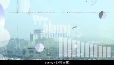 Image of multiple graphs and trading board over modern cityscape against sky Stock Photo
