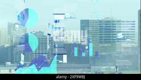 Image of multiple graphs and trading board over modern buildings against sky Stock Photo