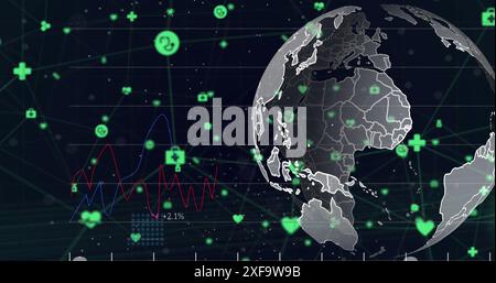 Image of multiple graphs, rotating globe and connected icons over black background Stock Photo