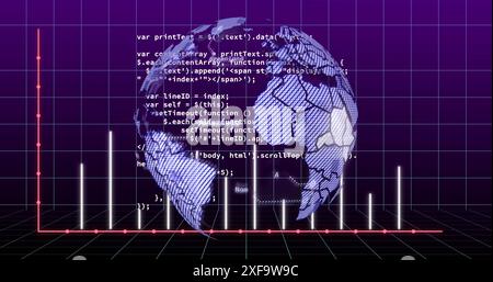 Image of circles on lines of graph over grid pattern and computer language against globe Stock Photo