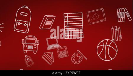 Image of drawing of book, bag, bus, laptop, scale and school supplies over red background Stock Photo