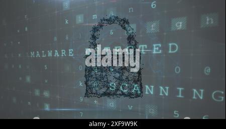 Image of connected dots forming padlock over letters, numbers, symbols and texts in background Stock Photo