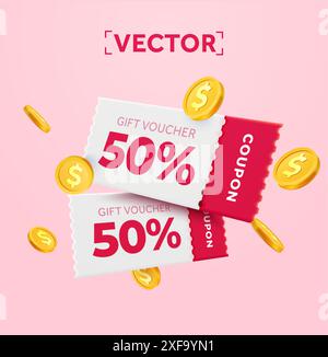 3d couple of pink coupons with coupon code, golden coins. Special giveaway with coupons or vouchers, percentage off. Gift voucher and gold coin dollar sign template. 3d vector illustration. Vector illustration Stock Vector