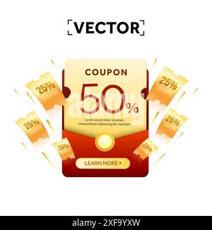 3d big yellow coupon wrapped with red envelope, mini coupons, CTA button, isolated on background. Coupon code with percentage off. Discount voucher giveaway banner template. 3d Vector illustration. Vector illustration Stock Vector