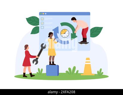 Web page update, data download, information reload and synchronization progress. Tiny people of maintenance service holding circle arrows of system reload on browser window cartoon vector illustration Stock Vector