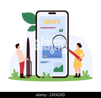 Reading news online, social media blog analysis and review in mobile app, journalism. Tiny people research article, newsletter on smartphone screen with magnifying glass cartoon vector illustration Stock Vector