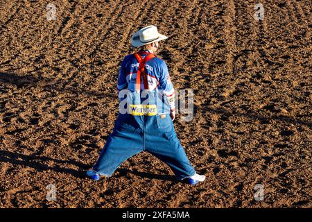 A PRCA rodeo clown in his costume entertains the crowd at a rodeo in rural Utah. Stock Photo