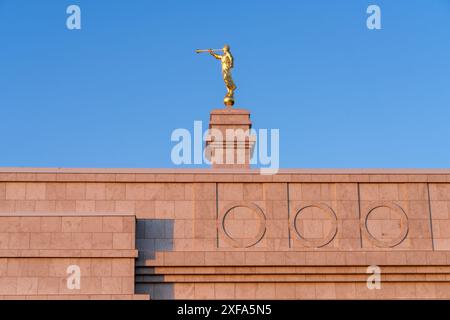 Statue of the Angel Moroni on the Monticello Utah Temple of The Church of Jesus Christ of Latter-day Saints in Monticello, Utah. Stock Photo