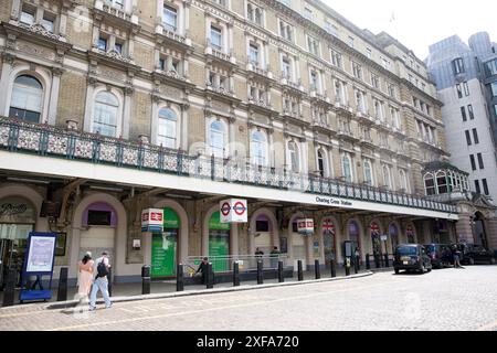 Closed entrances are seen at Charing Cross Station in London as rail passengers face disruption due to the latest rail strike. Stock Photo