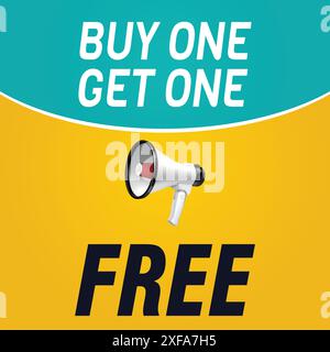 Megaphone announcing buy one get one free special gift. Banner with great offer of guarantee retail bonus for shopping vector. Save money Stock Vector