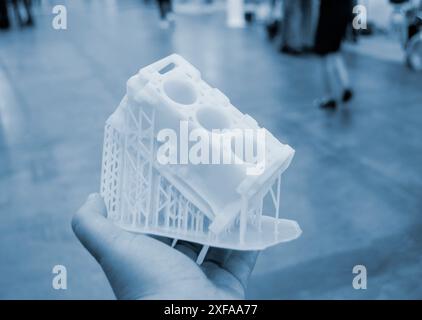 Detailed models in form of internal combustion engine printed on 3D printer from polymer close-up. Detailed object created by 3D printer using 3D printing method. Concept 3D Printing. SLA technology Stock Photo