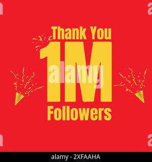 Thanks 1M followers. Thank you 1M followers, gold letters and numbers, red background. Stock Vector